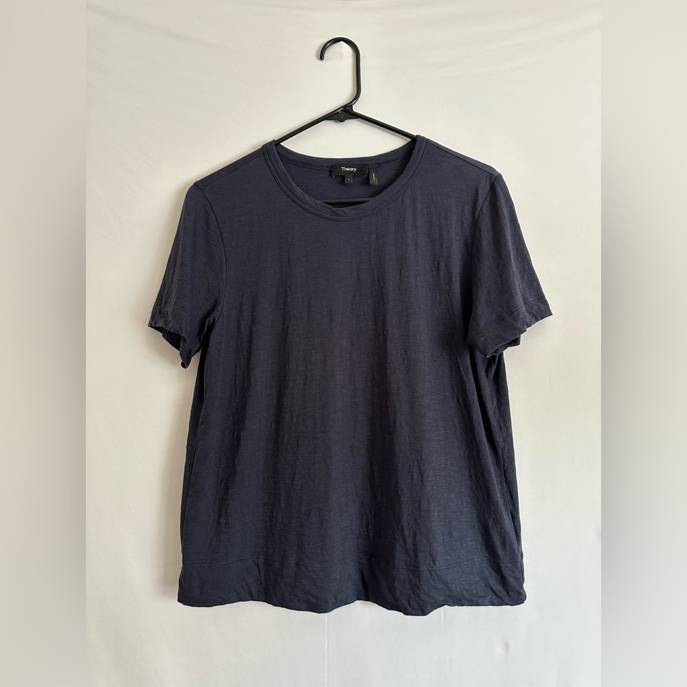 Theory Shirt Womens L Blue Navy Cotton Pullover Casual Short Sleeve